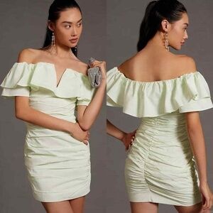 Maeve Anthropologie Mini Dress 12 Off Shoulder Ruffle Ruched Bodycon Mint Green
